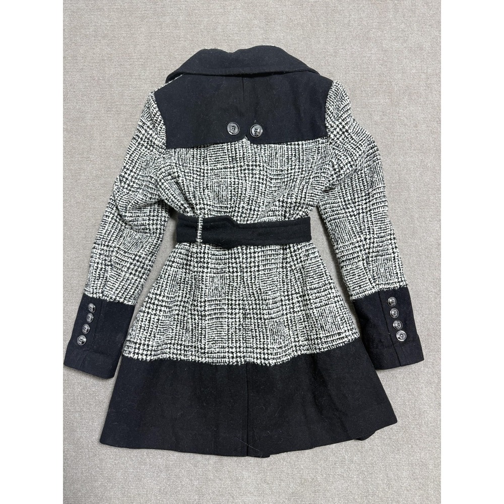 Black Rivet‎ Coat Womens Medium Black White Wool Blend Belted Peacoat Plaid - Picture 9 of 9